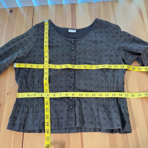 Maiwa 100% Organic Cotton Button Up Blouse Pleated Waist Detail Brown Artsy S - Picture 5 of 10